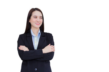 Professional business working Asian woman who wear a black formal suit stands with crossing her arm smiles happily isolated on white background.