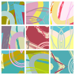 Obraz premium Abstract collage asymmetric pattern. Brush strokes grunge texture. Vector colorful ornament, patchwork quilt style. Digital freehand art backgrounds set for flyer, poster, cover, textile fabric print