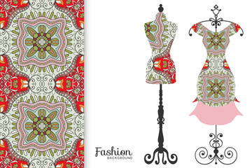 Vector fashion illustration. Vintage tailor dummy, dress model, colorful seamless pattern for textile fabric, paper print, invitation, business card design. Boho style isolated clothes collection