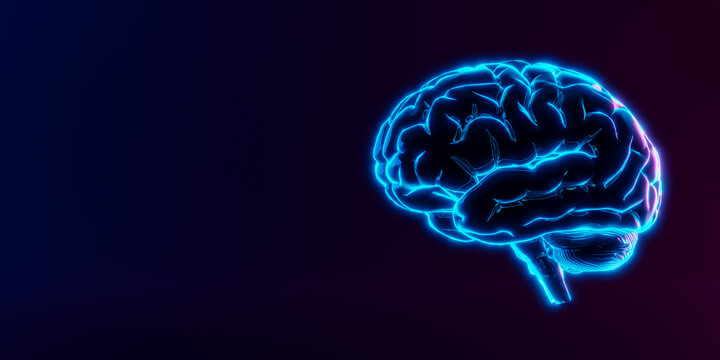 glowing neon human brain model. Deep learning , Machine learning and artificial intelligence , AI Technology, thinking concept. 3d rendering