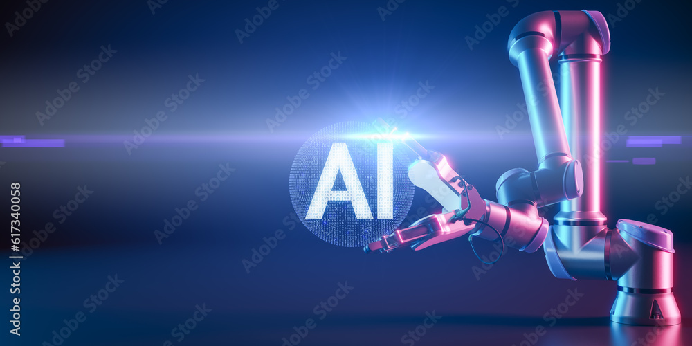 Poster robot hand holding hologram ai. digital hand on dark background with copy space. neural network comm