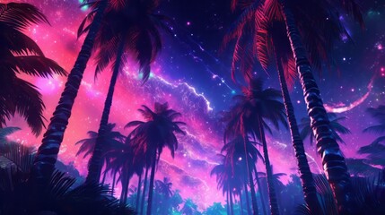 Retro futuristic sci-fi, 90s nostalgia. Neon colors of night with stargazing sky, cyberpunk vintage illustration with palms. Landscape of retrowave VJ videogames