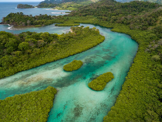 Aerial photograph of mangroves and sandbars along Venas Azules area, Portobelo, Panama - stock photo