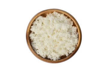 Fototapeta na wymiar Isolated, cooked rice in wooden bowl