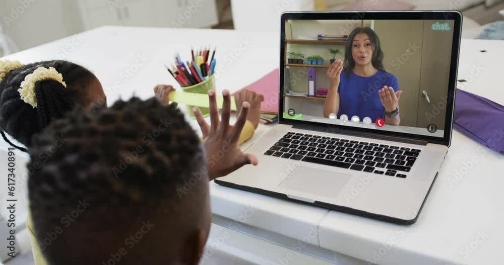 Poster Composition of african american boy and girl on laptop online learning with biracial female teacher