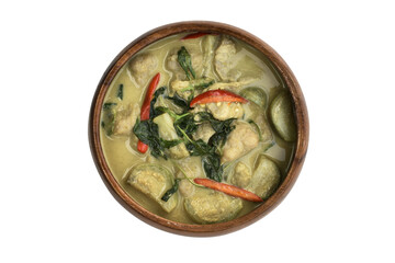 Coconut milk curry  in wooden bowl  ,isolated, thai food