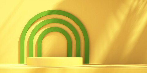 Product podium mockup display on green and yellow background with tree shadow,summer background,3D render illustration