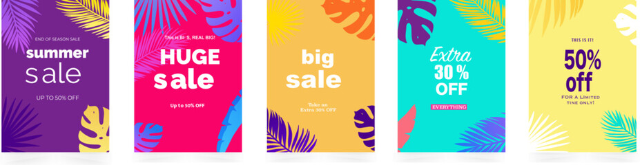 Summer sale banners and posters. Vector illustrations for shopping, e-commerce, social network, marketing, Internet ads, web banners.