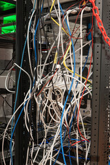 Messy tangled electric cables connecting to industrial lab devices on a rack, no people