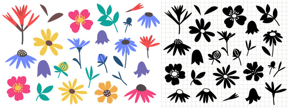 Flower clip art set includes hand-drawn wildflower elements and silhouettes. Nature-inspired minimalistic and simple bundle. Vector illustration.