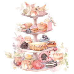 Watercolor Painting of Dessert Food Tiered Tray for a Tea Party.