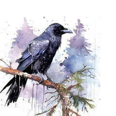 Watercolor painting of a raven sitting in a tree limb in the wilderness. Generative AI.