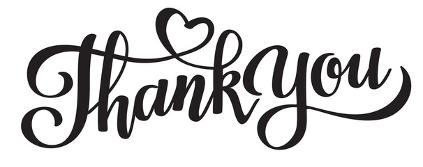 Thank you black lettering phrase with line heart. Design element. Vector illustration