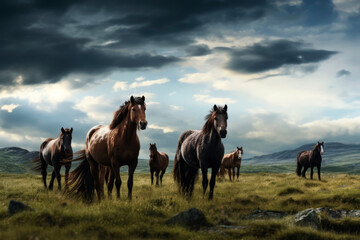 Fototapeta na wymiar Horses in the field against the sky. Generative AI