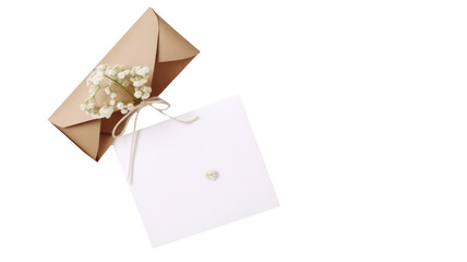Top View of Blank White Paper Mockup and Baby's Breath Flowers, Kraft Box on Transparent Background.