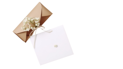 Top View of Blank White Paper Mockup and Baby's Breath Flowers, Kraft Box on Transparent Background.