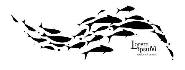 Black flock of swimming fish. Vector illustration - obrazy, fototapety, plakaty