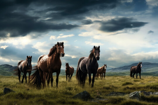 Horses in the field against the sky. Generative AI