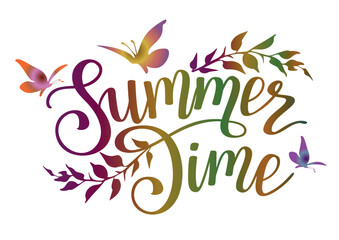 Fototapeta na wymiar Summer time colorful lettering phrase with branches and butterflies.