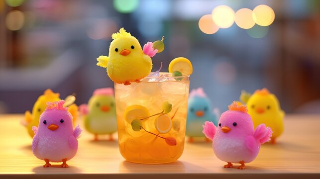 super cute chick juice mocktail glasses on wooden table, Generative Ai