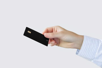 female hand holds a black plastic bank card on a gray background