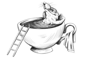 Bleistiftzeichnung von einer niedlichen Maus, die genüsslich in einer heißen Tasse Tee badet und entspannt wie in einem Whirlpool