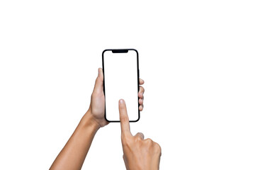 Closeup shot of a female hand using a smartphone on white background, blank white screen, businesswoman holding a mobile phone and unlocking with her fingerprint. - obrazy, fototapety, plakaty