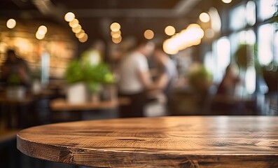 Fototapeta premium Coffee Delight. Product Showcase. Empty Wooden Table with Blurred Coffeeshop Background