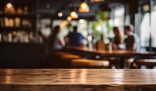 Coffee Delight. Product Showcase. Empty Wooden Table with Blurred Coffeeshop Background
