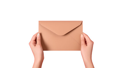 Top View Photo of Female Hand Holding Peach Envelope on White Background.