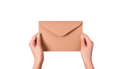 Fototapeta premium Top View Photo of Female Hand Holding Peach Envelope Element.