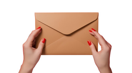 Fototapeta premium Top View Photo of Female Hand Holding Brown Envelope Element.