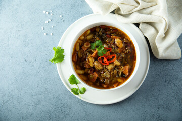 Healthy eggplant ragout with chili pepper and cilantro