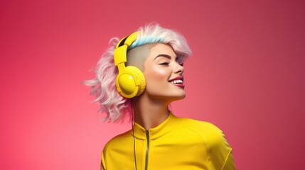 colorful hair young woman wearing wireless headphones, listening to music, as wearing 80s fashion in Stylish with spectacular makeup, Beautiful fashionable girl posing as supermodel, Generative AI