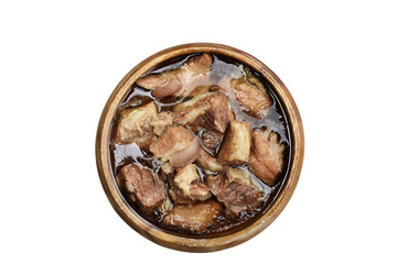 Beef soup  in wooden bowl  ,isolated, thai food