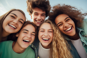 Teenage group with boys and girls - all laughing exuberantly and taking a selfie - vacation, youth, friendship and celebration theme - Generative AI - 617343668