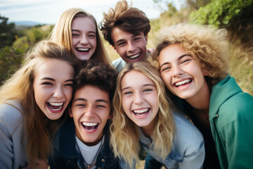 Teenage group with boys and girls - all laughing exuberantly and taking a selfie - vacation, youth, friendship and celebration theme - Generative AI - 617343683