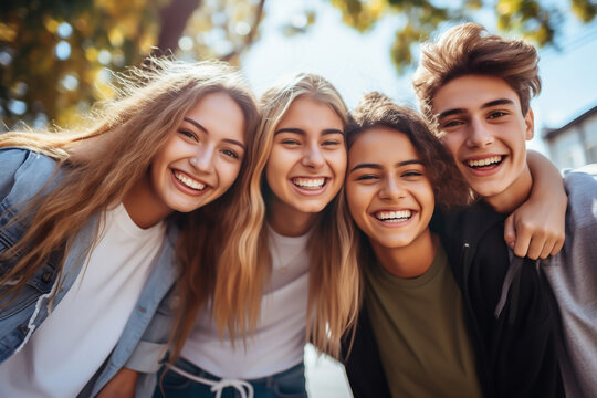 Group of teenagers, boys and girls, hugging each other and looking at the camera laughing - theme youth, celebration and friendship - Generative AI
