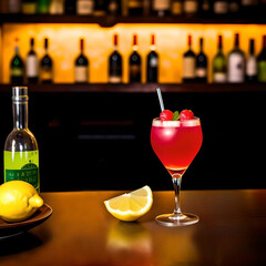 Generative AI.   A wineglass with a pink, fruity cocktail close-up.