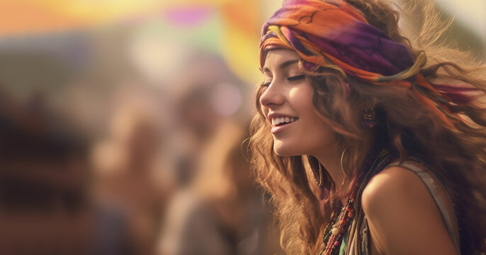 Happy young girl in bohemian outfits party away at a music festival or other hippie celebration. A young girl dances to the groove. summer vacation, boho concept Copy space