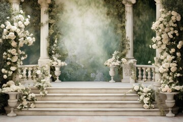 Front view, white roses garden backdrop for wedding Generative AI 