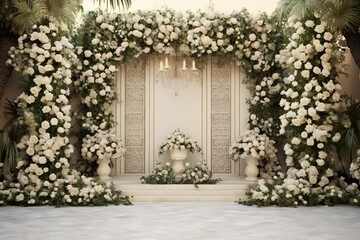 Fototapeta na wymiar Front view, white roses garden backdrop for wedding Generative AI 