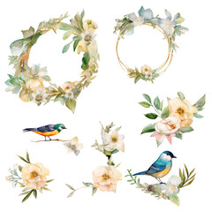 Fototapeta premium Watercolor Set of Birds with Flowers and Round Frame.