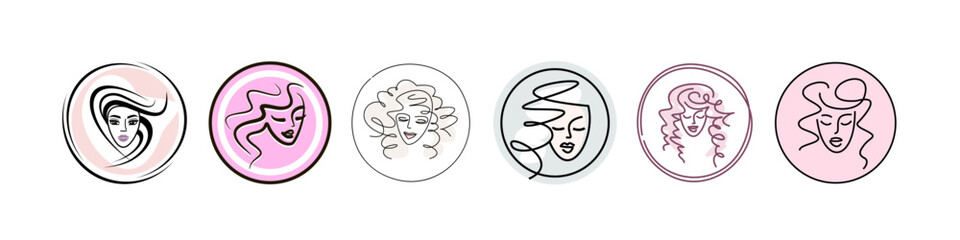beautiful girls with magnificent hairstyles. beauty salon icons set. colored logos in a circle for cosmetology