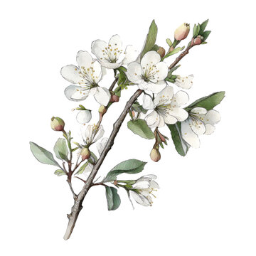 Beautiful realistic flower on a tree branch. Sticker almond. Spring blossom of fruit trees. Sakura, cherry, peach, apple blossom.  Cute design for print, clothes, postcard, t-shirt, logo, icon