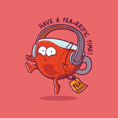 Obraz premium Tea Cup listening to music on headphones vector illustration. Zen, drink, music design concept.