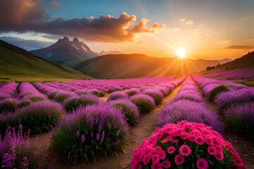 lavender field at sunset AI Generated 