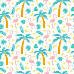 Fototapeta na wymiar Summer seamless pattern with palm trees, flamingos and tropical flowers and fruit. Cute tropical surface design for wrapping paper, scrapbooking, textile, fabric and prints.
