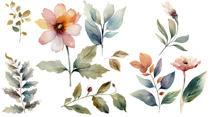 Watercolor Leaves and Flower Decorated Background.
