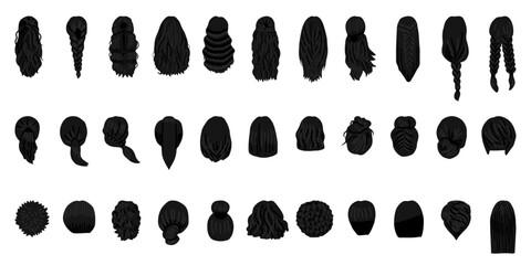 Women hairstyle concept. Icon collection with natural wigs and beautiful hairstyles. Back view vector illustration. Black color - obrazy, fototapety, plakaty